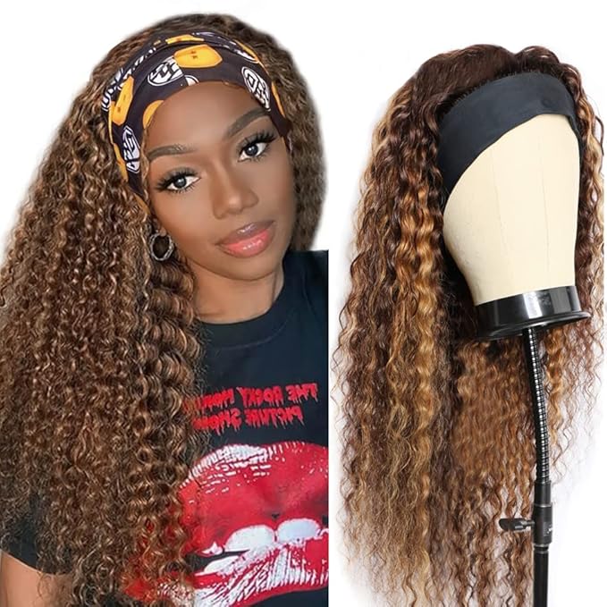 XSY Deep Wave Headband Wig Human Hair Highlight Ombre Headband Wigs for Black Women Curly Headband Wig 4/27# 150% Density 24 Inch