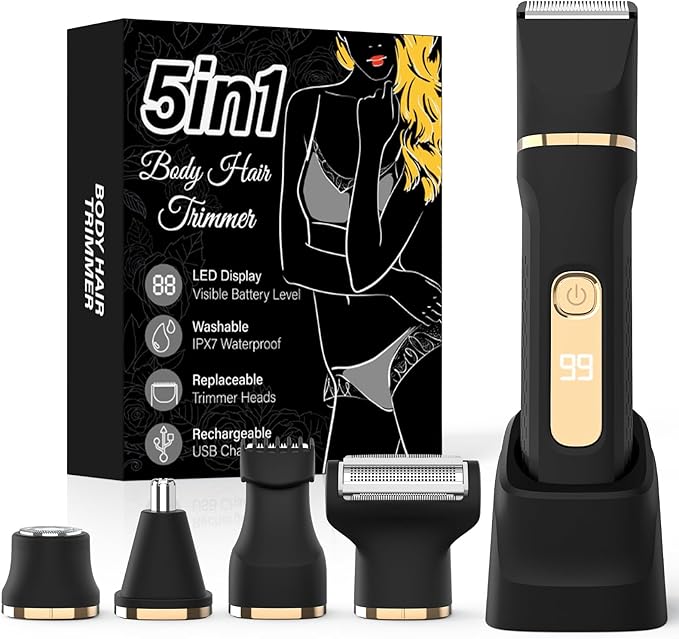 Bikini Trimmer for Women,5-in-1 Electric Razors for Women,Electric Shaver for Women's,IPX7 Waterproof Trimmer for Men Legs,with 5 Replaceable Blade Heads,USB Recharge Dock（Black）