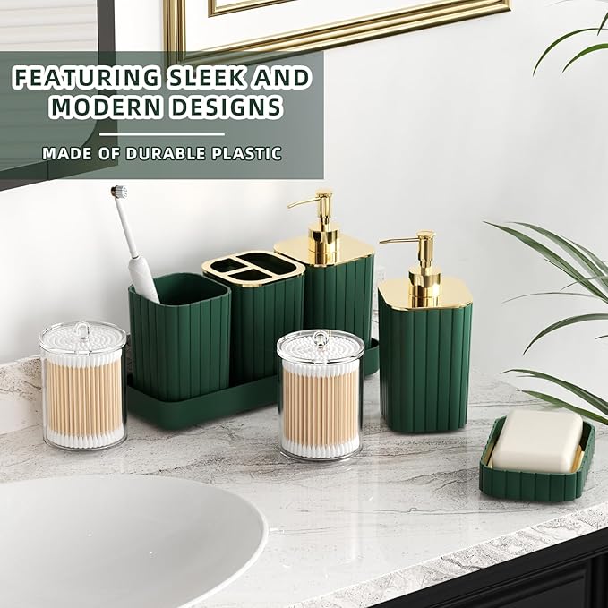 Bathroom Accessory Set - 25PC Green Bathroom Sets, Bathroom Set with Shower Curtain and Rugs, Dark Green Shower Curtain Set, Trash Can, Qtip Holder & Soap Dispenser