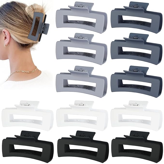 12 Pcs Large Hair Clips for Women, 4.2 Inch Square Claw Clips, Colorful Hair Claw Clips for Thick and Thin Hair, Bulk Hair Accessories for Women and Girls - Grey