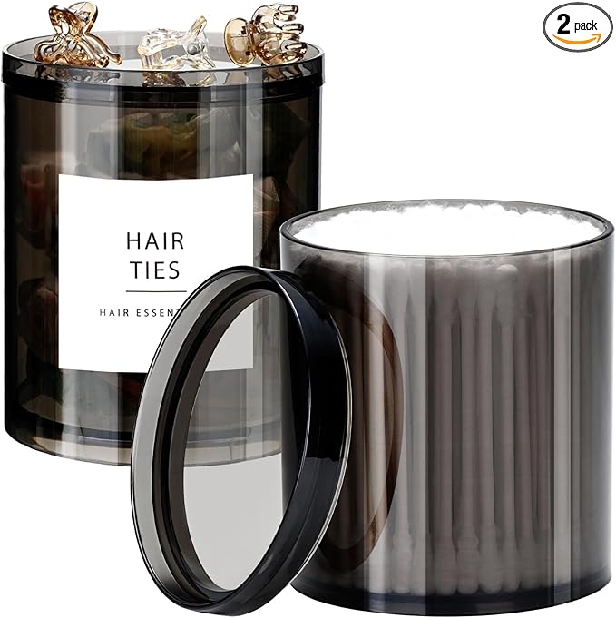 SheeChung 2-Pack Stackable Black Qtip Holder - 12oz Large Acrylic Apothecary Jars with Storage Lids - Modern Bathroom Vanity Organizer Set for Cotton Swabs, Balls, Pads - Translucent Black