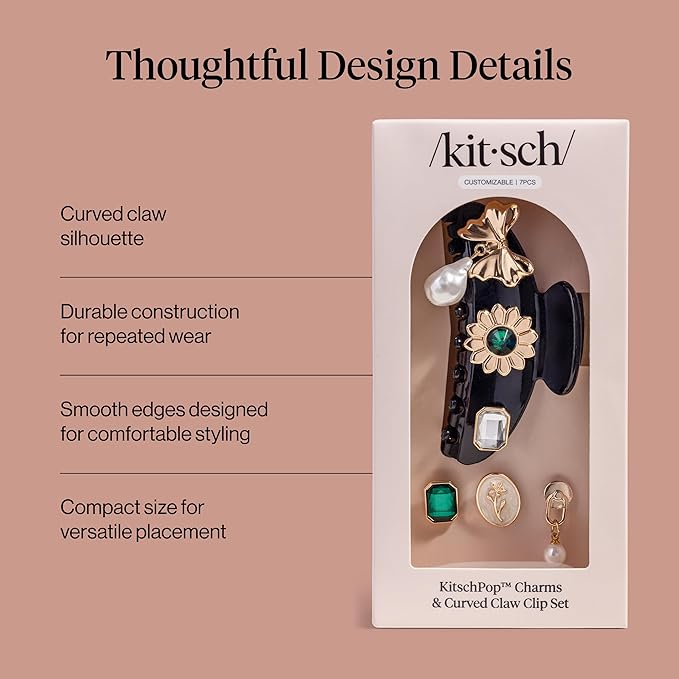 KitschPop ™ Hair Clips For Women with Charm Sets -Customizable Curved Claw Clip With Interchangeable Collectible Cute Charms | Ideal Gifts For Women -Vintage Black, 7pcs Set