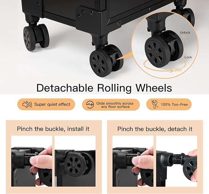 3 in 1 Rolling Makeup Case, Professional Cosmetology Case on Wheels with 2 Drawers, Ideal Gift for Hairstylist, Nail Techs, 3 Tiers Portable Beauty Organizer Case for Travel or Salon Use, Black