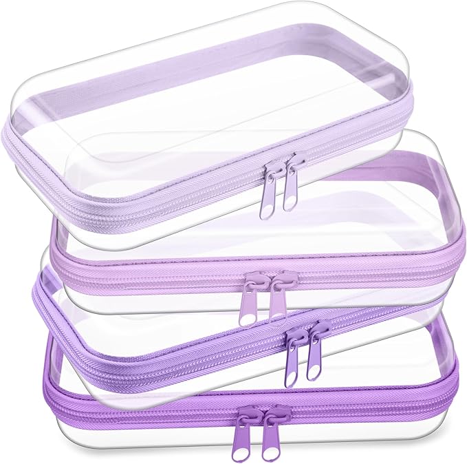 Hoolerry 4 Pcs Hard Clear Zipper Case Makeup Bags Plastic Zipper Pouch Transparent Storage Box Containers for Cosmetics, Snacks, Building Blocks, Puzzles(Clear,7.5 x 3.9 x 2 in,Purple)