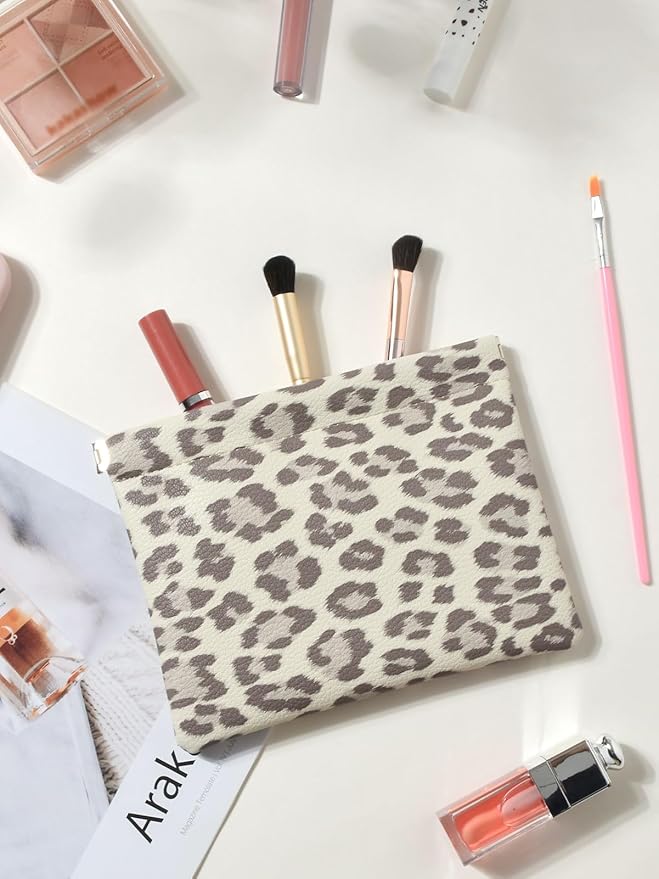 Leopard Leather Small Makeup Pouch for Women,Cosmetic Accessories,Waterproof and Portable Cosmetic Bag,Self-closing, No Zipper, Aesthetic Storage Pouch,Lipstick for Purse,Beige Brown
