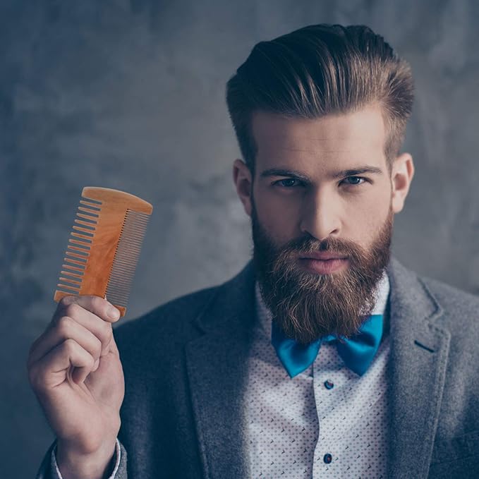 Natural Sandalwood Dual Action Beard & Moustache Combs with Faux Leather Cases (6 Pieces, Yellow)