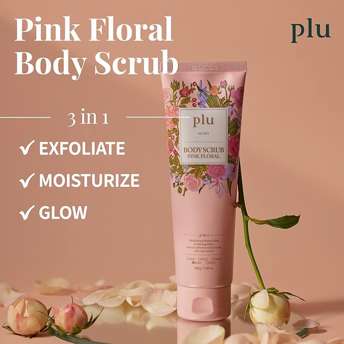 PLU Korean Walnut Body Scrub Pink Floral with Manuka Honey - Exfoliating, Hydrating & Smoothing for Radiant Skin Texture - Fresh & Elegance Rose Scent, 7.05 oz.