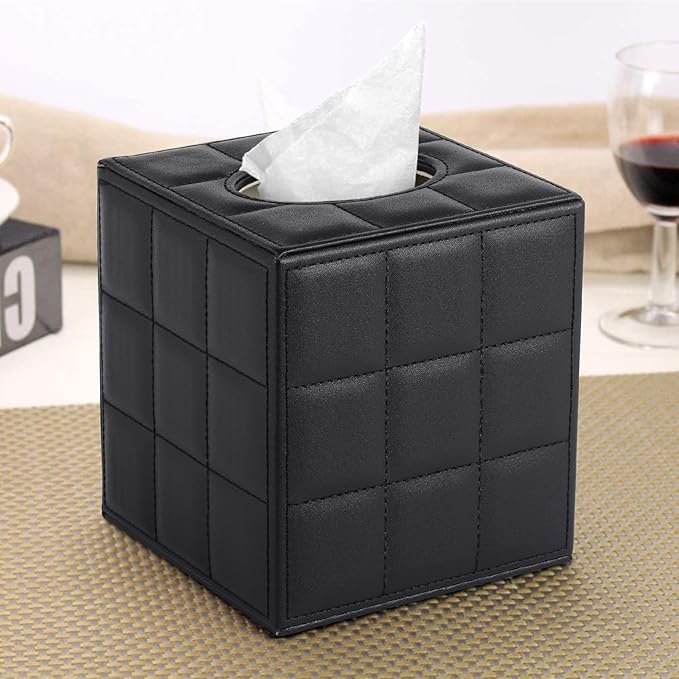 Tissue Box Cover Square Tissue Box Holder PU Leather Facial Organizer with Magnetic Bottom,Decorative Napkin Caddy for Vanity Dresser Night Stand Table Countertop Home Office Car,Black