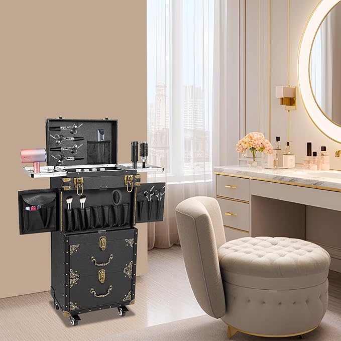 Rolling Lockable Makeup Train Case, Drawer Luggage Suitcase with Makeup Hairdressing Tools Storage, Makeup Beauty Salon Luggage Hairdressing Trolley Travel Organizer Tool Box, Retro Black