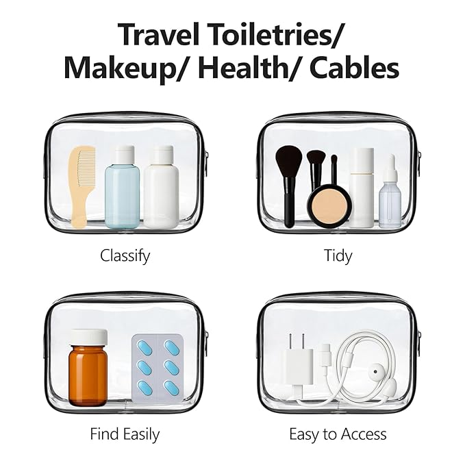 PACKISM TSA Approved Toiletry Bag - Clear Makeup Bag 3 Pack Medium, Quart Size Bag for 3-1-1 Liquids with Metal Smooth Zipper, Travel Makeup Bag for Women Men, Airport Airline Compliant Bag, Black