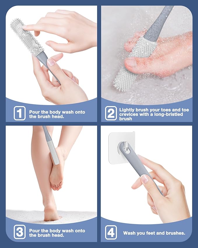 2 Pack Toe Cleaning Brush,15.7" Long Handle Silicone Foot Scrubber Bath Brush Bathroom Cleaner for Seniors Elderly Men and Women (Grey)