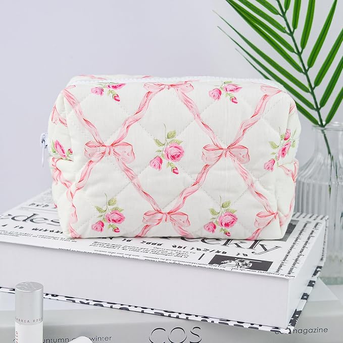 Quilted Makeup Bag Floral Cotton Make up Bag Puffy Coquette Makeup pouch Aesthetic Cute Travel Toiletry Bag for Women Girls