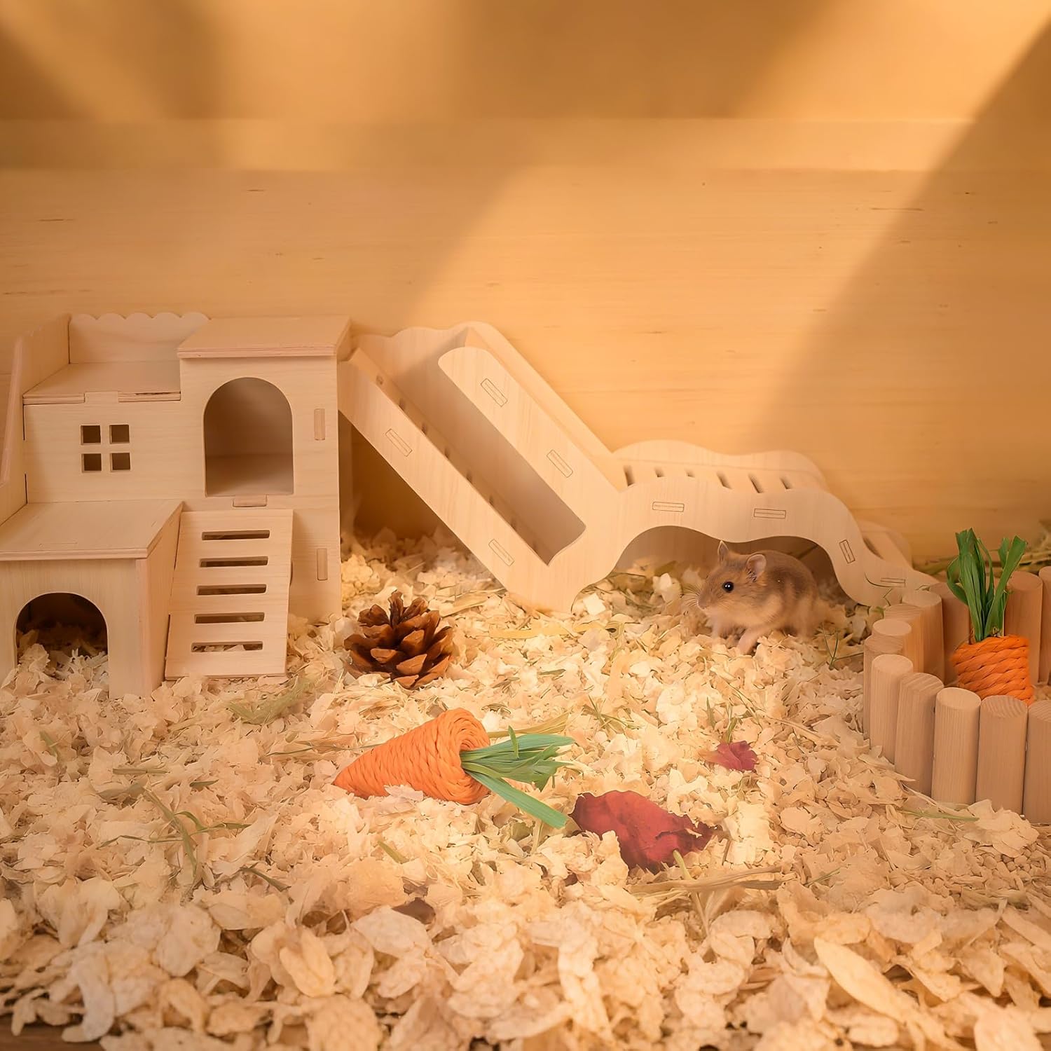 Multi-Chamber Hamster Hideout & House, Natural Wood Small Animal Cage Accessories for Dwarf Hamsters, Gerbils and Mice – Ventilated Design with Structure