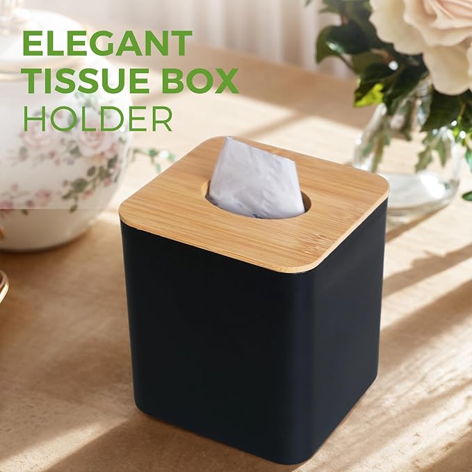 2 Pack Tissue Box Cover Square, Black Tissue Box Holder with Bamboo Cover Plate, Cube Decorative Tissue Box Cover Tissue Holders for Bathrooms