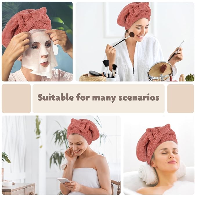 SUNLAND Large Microfiber Hair Drying Caps with Bow Knot Fast Drying Shower Cap Soft and Absorbent hairWrap Hair Turban Bath Caps for Curly Thick and Wet Hair 11 X 13.4 inch 2 Pack Red