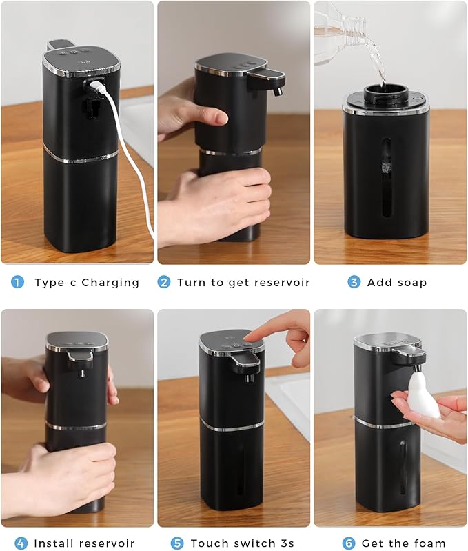 2 Pack Automatic Foaming Soap Dispenser, 13.5oz/400mL, USB Rechargeable,9- Adjustable Foam Levels, IPX5 Waterproof, Touchless & Wall/Tabletop Use for Kitchen Bathroom, Black