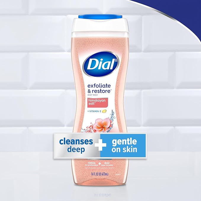 Dial Body Wash, Exfoliate & Restore Himalayan Salt, 16 Fl Oz, Hydraclean Complex & Vitamin E, Gentle, Leaves Skin Feeling Nourished, Dermatologist-Tested, No Parabens & Sulfates,(Pack of 8)
