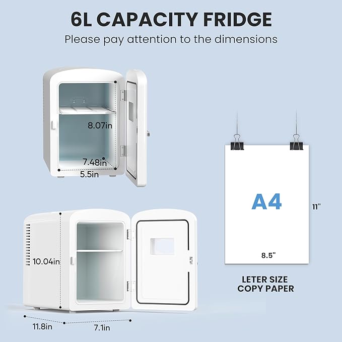 Simple Deluxe 6 Liter/9 Can Mini Fridge with Observation Window, Portable Freon-Free Small Refrigerator, Compact Cooler & Warmer for Skincare, Beverage, White