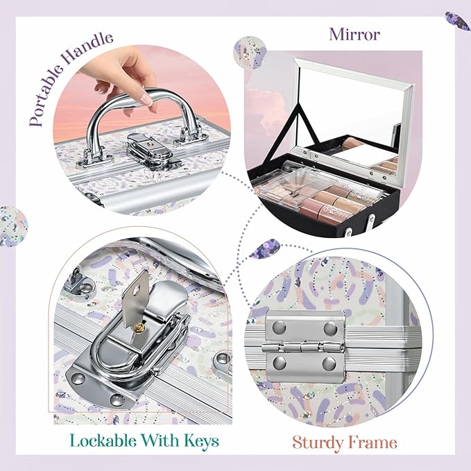 Joligrace Makeup Case for Girls Cosmetic Train Case Makeup Storage Box Jewelry Organizer Hair Accessories Lockable with Trays & Mirror Purple