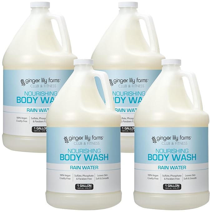 Ginger Lily Farms Club & Fitness Nourishing Body Wash, 100% Vegan & Cruelty-Free, Bath & Shower Gel for Men and Women, Rain Water Scent, 1 Gallon (Pack of 4)