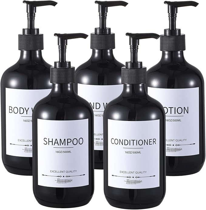 Stylish Shampoo Dispenser Bottles,(5Pack) 16.9oz Black Shampoo Bottles Refillable with Pump,Shampoo and Conditioner Dispenser