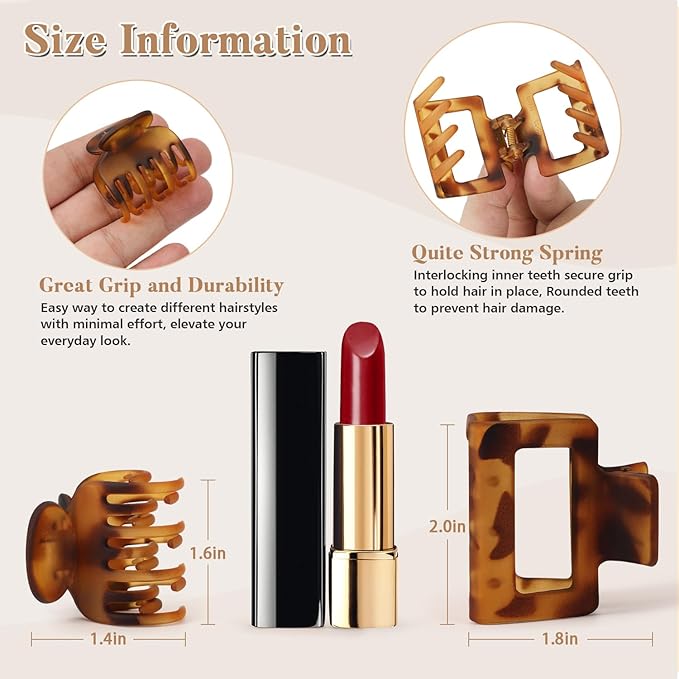 8 PCS Small Hair Clips for Women Girls, Square Medium Hair Claw Clips for Thin, Fine & Short Hair, Cute Non Slip Leopard Print Jaw Clips for Holiday Gifts, Ideal for Half Up Hair (Tortoise)