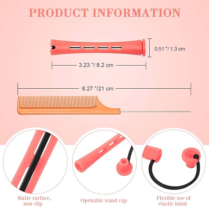 48 Pieces Cold Wave Hair Perm Rods and Plastic Curlers with Steel Pintail Comb for Hairdressing and Styling (Pink, 0.51 Inch/ 1.3 cm)
