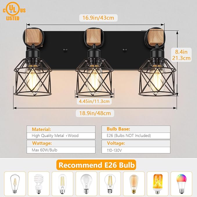 FadimiKoo 3-Light Farmhouse Vanity Light for Bathroom, Wood Bathroom Light Fixtures Over Mirror, Industrial Black Vanity Light with Metal Lampshade for Bedroom Hallway Living Room