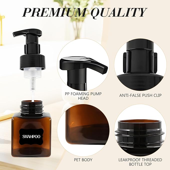 8.5 oz Foaming Soap Dispenser Plastic Foaming Pump Bottle, Refillable Dispenser with Plastic Pump, Empty Hand Bottles for Liquid Soap, Shampoo, Bathroom,Hotel,Restaurant (60, Brown)