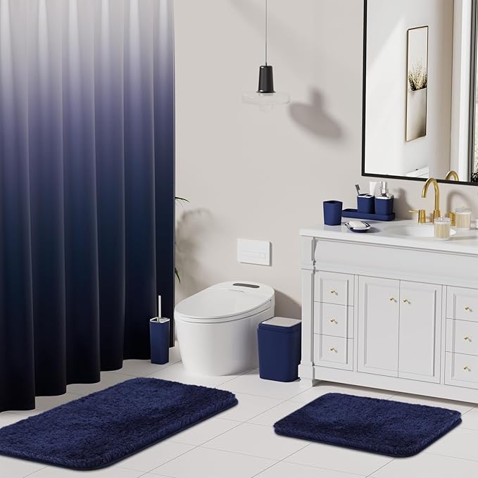24PC Navy Blue Bathroom Set with Shower Curtain and Rugs, Blue Bathroom Sets Complete with Trash Can,Soap Dispenser,Soap Dish,Toilet Brush,Toothbrush Holder and Cup,Tray,Q-Tip Holders
