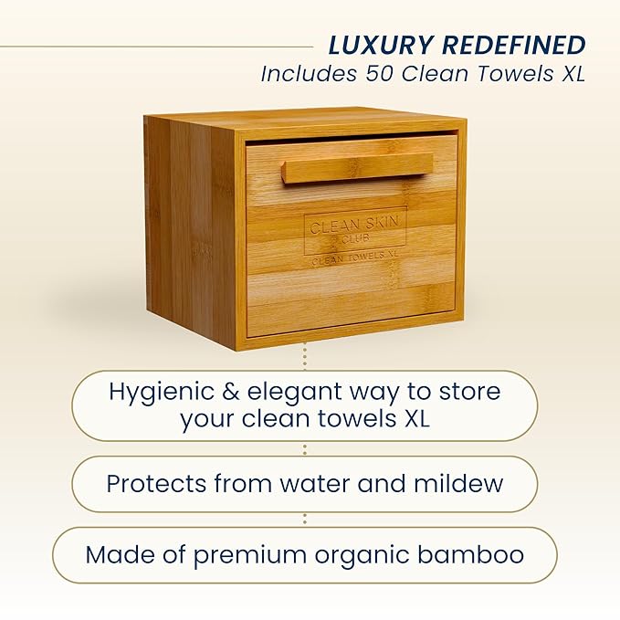 Clean Skin Club Luxe Bamboo container with pullout drawer includes Clean Towels® Original XL 50 Count, Disposable Face Towel Holder for Bathroom Counter
