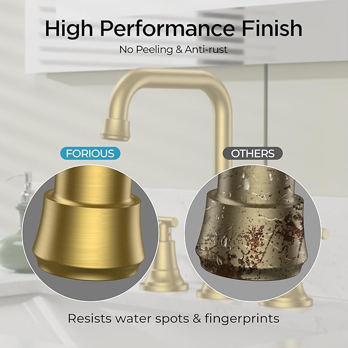 FORIOUS 3 Hole 8 Inch Widespread Bathroom Faucet in Brushed Gold - 2 Handle Bathroom Sink Faucets with Pop Up Drain Assembly and 2 Water Supply Lines for RV Bath Vanity Farmhouse, 360°Swivel Spout