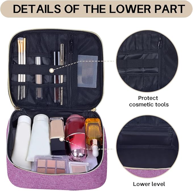 Double Layer Makeup Bag Portable Large Cosmetic Case Organizer with Adjustable Dividers Storage Travel Bag for Accessories Brushes Conditioner and Skin Care Products (Purple)