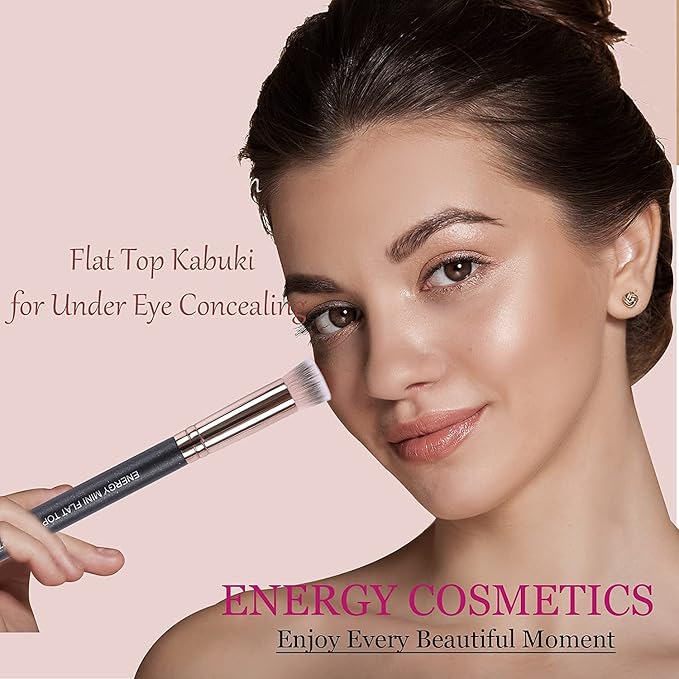 ENERGY Kabuki Brushes Set - Mini Flat Top Kabuki Brush and Slant Concealer Brush Under Eye for Eyebrows Eyeshadow Brushes for Liquid Cream Powder Blending,Stippling,Highlighter and Nose Contour