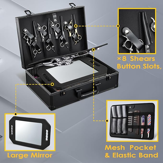 Barber Accessory Case with Mirror, Profesional Barbers Briefcase Tool Case, Barber Cases for Clippers and Supplies, Hair Scissors Trimmer Organizer, Salon Grooming Hard Travel Suitcase