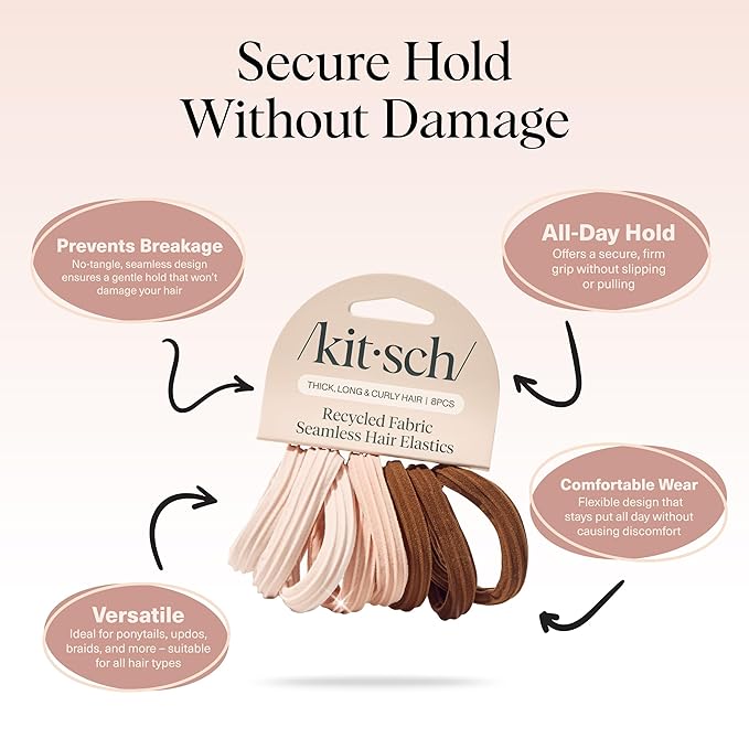 Kitsch Seamless Hair Ties No Damage - Stretchable Hair Bands for Strong All-Day Hold, Ponytail Holders | Hair Accessories for Girls | Ideal Gifts for Women - Rosewood 8 Pcs