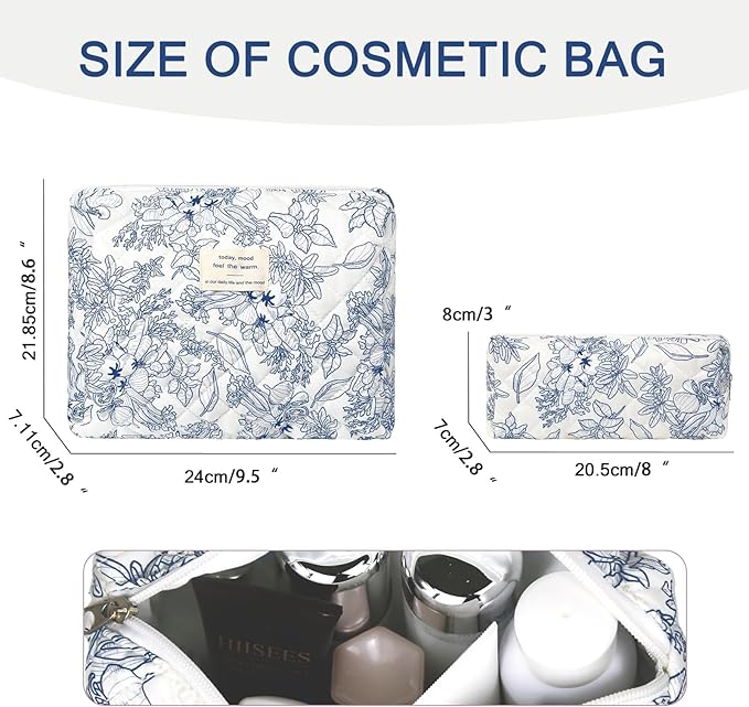2PC Makeup Bag Set, Cute Cosmetic Bag for Women Girls, Floral Coquette Aesthetic Toiletry Bag, Travel Make Up Organizer Bag (Navy Blue)
