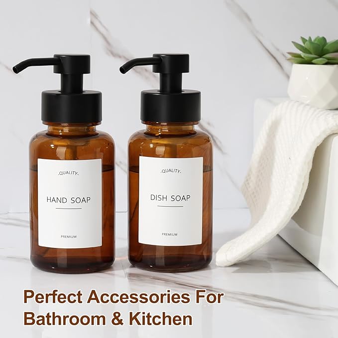 Amber Foam Soap Dispenser, 14.1 oz/400ml Foaming Hand Soap Dispenser, 2 Pack Glass Foaming Dispenser for Bathroom & Kitchen, Refillable Liquid Dispenser Bottle with Waterproof Labels