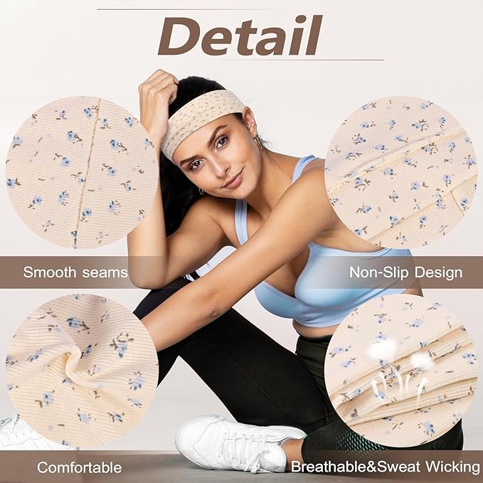 Headbands for Women, Stretchy Non Slip Soft Cotton Cloth Hair Bands for Sports, Workout, Yoga and Running, 7pcs
