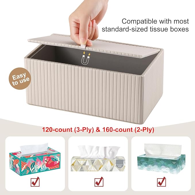 KINGFOM PU Leather Tissue Box Cover Rectangular Tissue Box Holder with Magnetic Bottom, Napkin & Facial Tissue Holder Dispenser for Home, Office for Standard 120-count/160-count (2-Ply) Beige Stripe