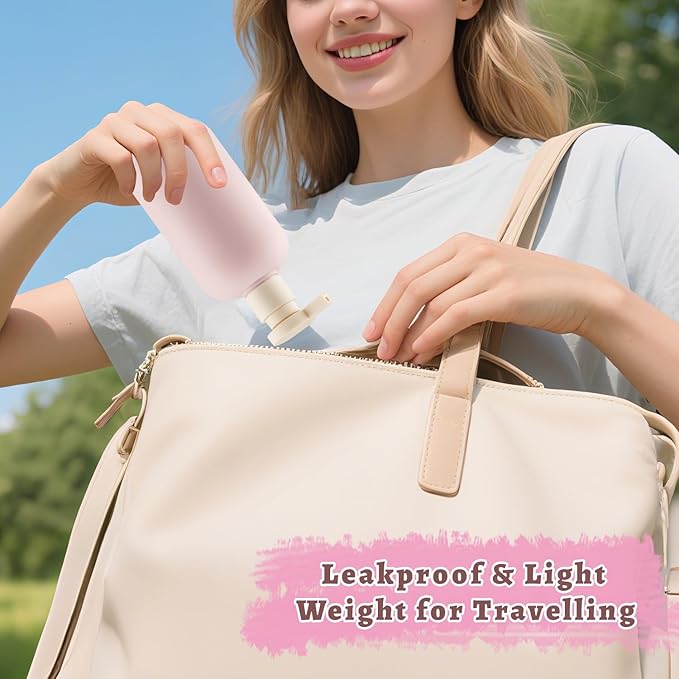 6 Pcs 10 oz Soft Plastic Bottles with Press Pump,Empty Refillable Travel Shampoo Dispenser Container for Hand Soap,Shampoo,Lotion,Body Wash,Conditioner,Silicone Funnel Included (Pink)