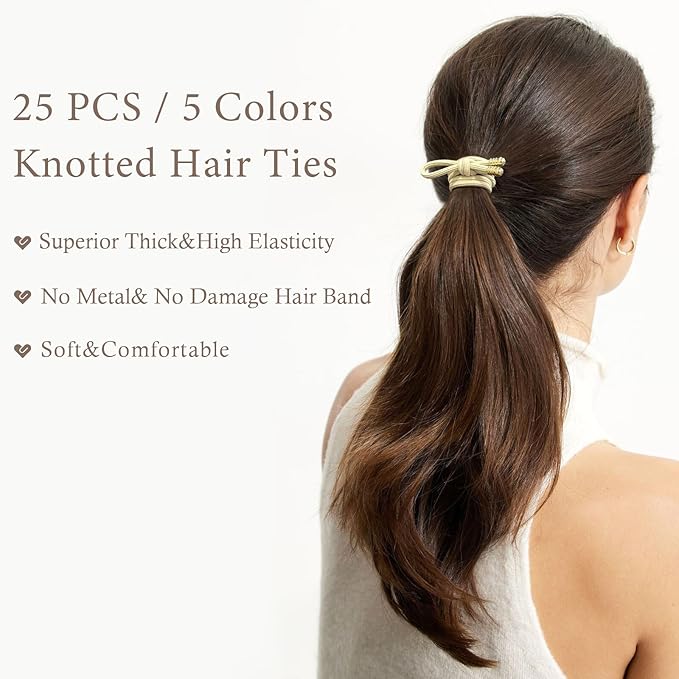 25 PCS Elastics Knotted Hair Ties for Women, Adjustable No Damage Ponytail Holders for Women Girls, 3MM Rubber Bands for Hair, 5 Colors