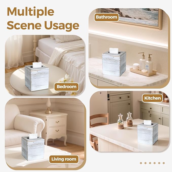Wood Tissue Box Cover Square, Rustic White Tissue Box Cover, Decorative Cube Facial Wooden Tissue Box Holder with Slide-Out Bottom for Bathroom, Bedroom, Dinner Table, Office, Kitchen