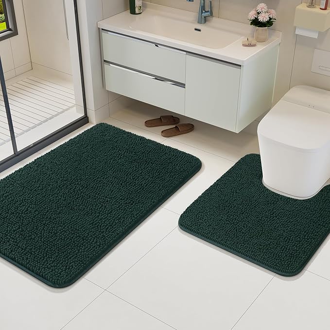 AROGAN Bathroom Rug Sets 2 Piece, 20"x20" U-Shaped Toilet Mat and 21"×34" Bath Mats Floor Set, Washable Bath Rug Set, Absorbent Soft Non Slip Bathroom Rug, Hunter Green