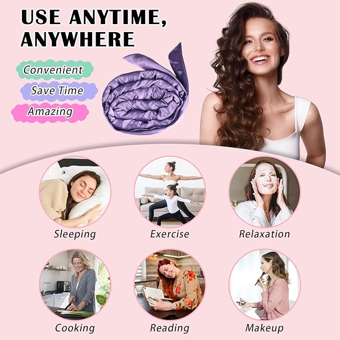 Satin Heatless Curls Overnight Hair Curlers to Sleep In Hair Curler Rollers No Heat Hair Wrap for Curls Headband, 70" Satin Heatless Curling Rod Set for Women Long Waves Hair Volume-Purple 9PCS