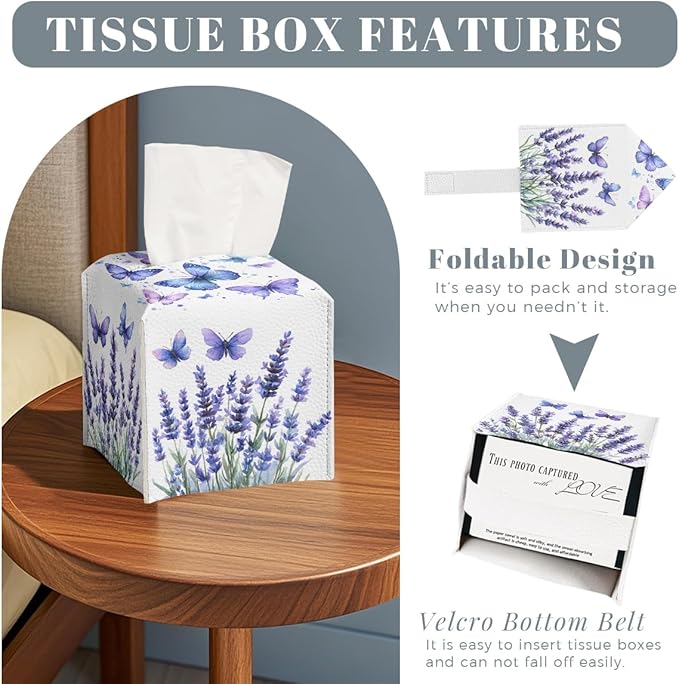 Butterfly Tissue Box Cover Purple Lavender Blossoms French Garden Leather Tissue Box Holder Square Facial Paper Organizer Dispenser for Car Bathroom Bedroom Office Tabletop Decor