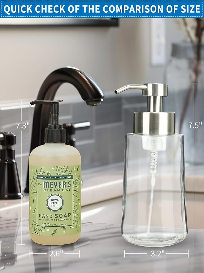 Doiliese Foaming Hand Soap Dispenser Set, 16 oz Large Glass Soap Dispenser, Foam Dispenser with Stainless Steel Pump & Waterproof Labels, Refillable Soap Bottles for Bathroom Countertop, 2 in 1