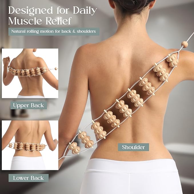 Mr.Woodware Wood Therapy Massage Tools - 2 Pcs Wooden Lymphatic Drainage Curved Roller Stick & Back Massager with Rope Massage Kit - Wood Massage Tools for Body Shaping, Sculpting, Maderoterapia