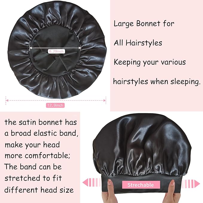 2 Pack Satin Bonnet Silk Bonnet for Sleeping Women, Hair Sleep Bonnets for Women, Wide Soft Band Large Sleep Cap for Curly Hair Braids