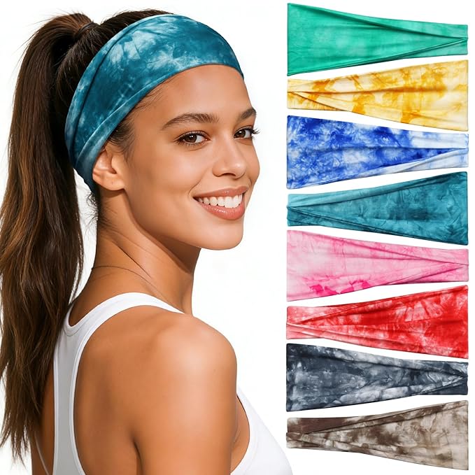 Headbands for Women, 8 Pack Non-Slip Moisture Wicking Sports Wide Head Bands, Stretchy Elastic Fabric, Multiple Colors Securing Hair for Fashion, Sports, Yoga, Running, Daily Life